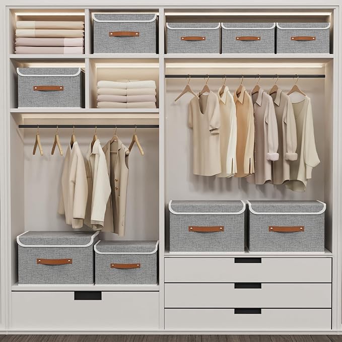 Yawinhe Collapsible Storage Bin, Cube Organizer Basket, Fabric Box with Lids, Washable and Leather Handle, for Home, Closet, Grey, 15.0''Lx9.8''Wx9.8''H, 5-Pack, USNK024GL-5