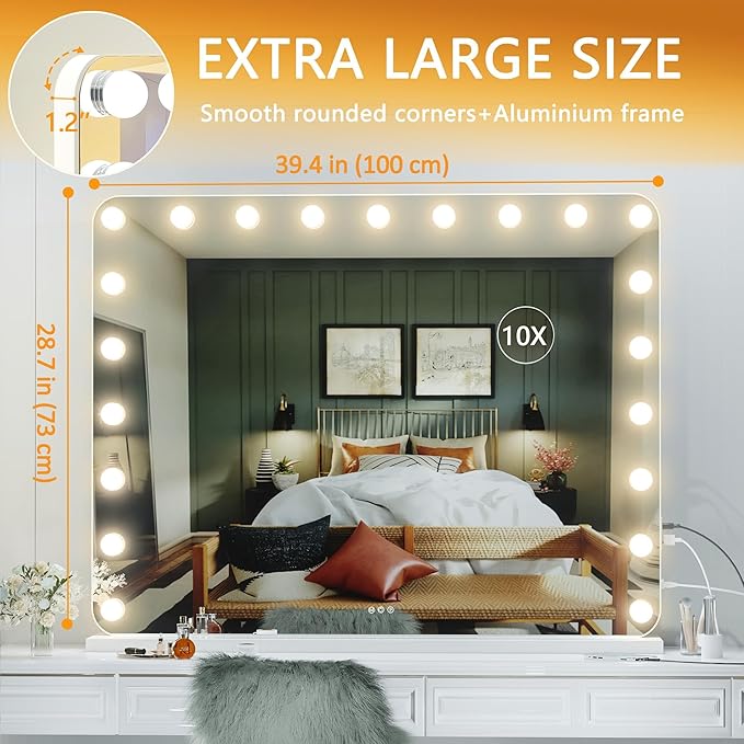 Hasipu Vanity Mirror with Lights and Bluetooth Speaker, 39.4" x 28.7" Hollywood Makeup Mirror with 21 Dimmable Bulbs and 10X Magnification, 3 Colors Modes, USB Charging Port, Type-C (White)