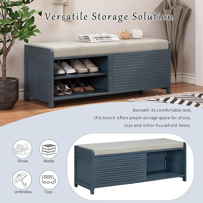 Amposei Modern Classic Storage Bench 43.3-Inch Wooden Entryway Shoe Storage Bench Cabinet with Removable Seat Cushion & Sliding Shutter-Style Doors for Living Room Entrance Hallway, Navy