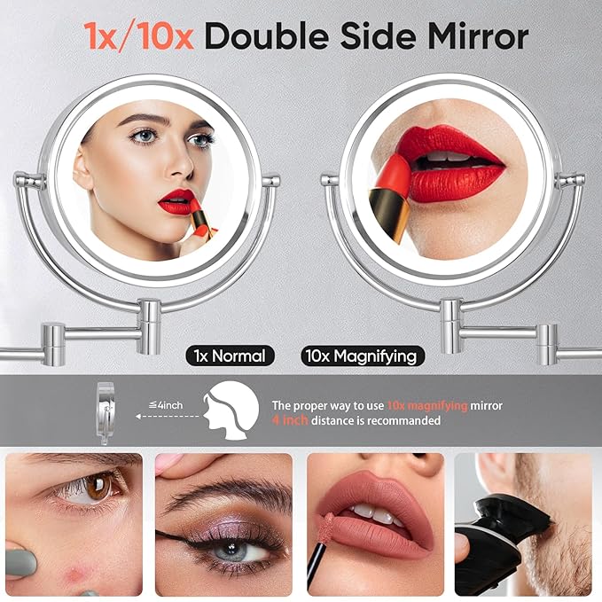 GURUN Wall Mounted Hardwired Makeup Mirror with 3 Tones Dimmable LED Lights 10x Magnifying Mirror with Touch Control for Bathroom Bedroom 13" Extendable Arm Direct Wire M1809D-T(10x,Chrome)