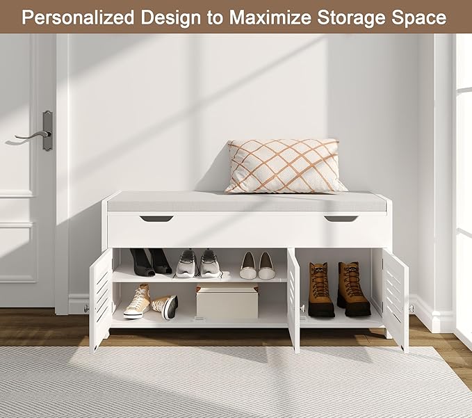ChooChoo 41.3" Shoe Storage Bench with Lift Top Storage, Entryway Bench with Cushioned Seat, Adjustable Shelf, Shoe Cabinet with Hidden Space, for Entryway, Bedroom, Living Room, White