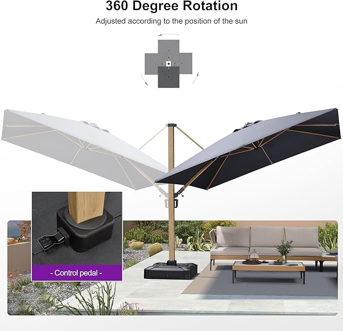 PURPLE LEAF 10FT Patio Umbrella Square Cantilever Umbrella Teak Finished Aluminum Frame Large Windproof Offset Outdoor Sun Umbrellas for Beach Pool Deck, Grey