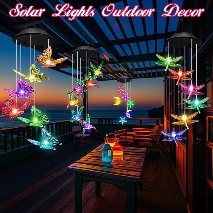Birthday Gifts for Mom Grandma Wife, Winzwon Solar Lights Outdoor Wind Chimes for Outside Garden Yard Patio Porch Deck Hanging Decor Dragonfly Gifts for Women Her Easter Mothers Day