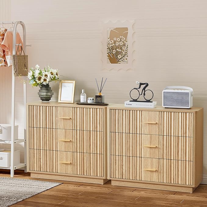 Fluted Dresser for Bedroom with 3 Drawers,31.5"Wide Modern Chest of Drawers with Metal Handle,Large Storage Dresser,Wood Closet Clothes Storage Organizer for Nursery Living Room Hallway,Natural 2 Sets