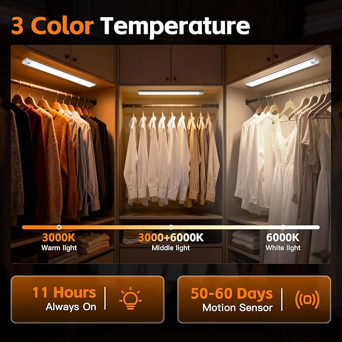 11.8inch Motion Sensor Cabinet Light, 2200mAh 54 LED Beads, USB-C Charging, 3 Color Temperatures, for Long Lasting Durability Easy to Install, Magnetic Under Cabinet Light Suitable for Kitchens(4Pack)