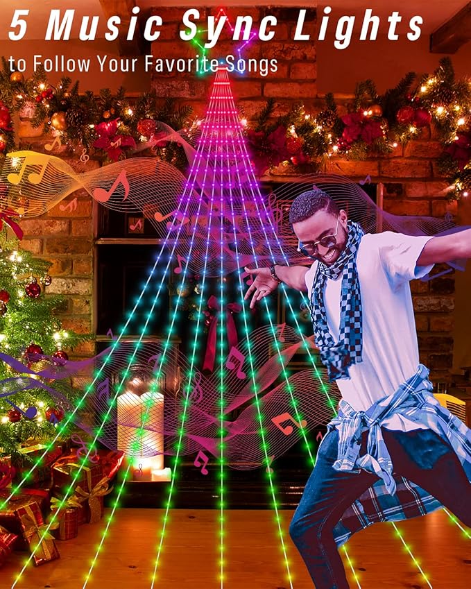 Outdoor Christmas Decorations Lights with Star, Smart DIY Custom Display 11.8Ft 100 Modes Yard Waterfall Tree String Lights, App Control 344LED RGB Color Changing Music Timer for Xmas Tree Lawn Decor