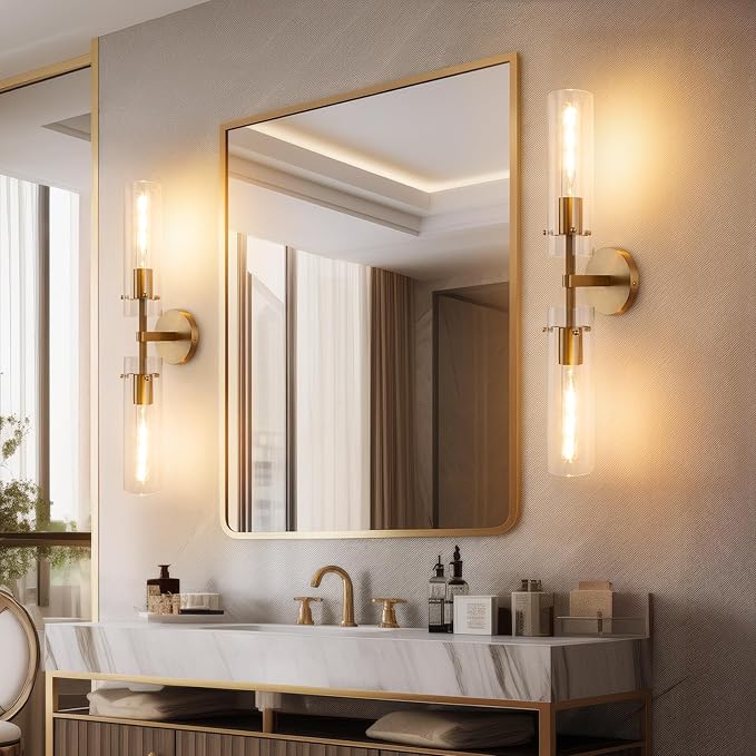 Brass Gold 2-Light Knurled Wall Sconce, Dual-Head Vanity Lamp Set of Two with Clear Glass Tube, Bathroom Wall Sconces, Wall Lights for Living Room Bedroom Hallway Kitchen Bathroom Mirror