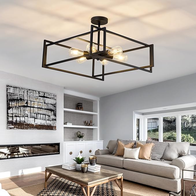 ZGLAOJT 6-Lights Close to Ceiling Light 22.83 Inch Black Light Fixture Industrial Flush Mount Ceiling Large Farmhouse Chandelier Lighting for Kitchen Island Dining Room Bedroom Foyer Hallway