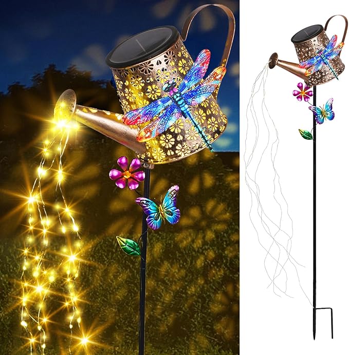 Solar Lights Outdoor Decorative, 39.4'' Metal Solar Watering Can Lights with Dragonfly, Waterproof Garden Stake Lights for Yard Lawn Patio Pathway Landscape, Gardening Gifts for Mom Grandma Women