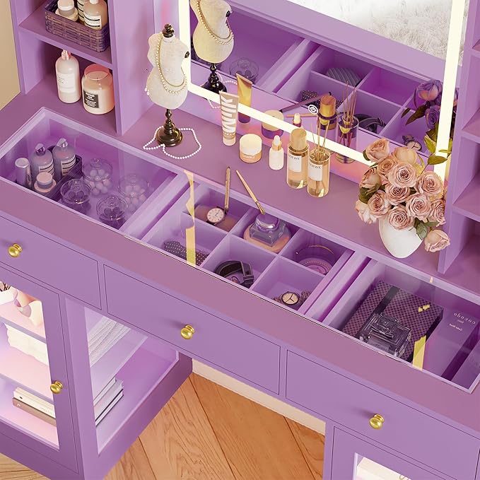 Makeup Vanity Desk with Mirror and Lights, 43" Purple Vanity with Glass Top, Jewelry Storage, 3 Drawers & Glass Cabinets, Power Outlet & Adjustable LED Lights, Dressing Table for Women & Girls Bedroom
