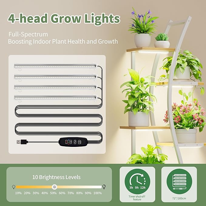 Plant Stand Indoor with Grow Lights - 7 Tiered Tall Metal Plant Shelf - Corner Wooden Plant Stand for Indoor Plants Multiple, Large S-Shape Flower Rack Holder for Living Room, Garden, Patio Decor, 62"
