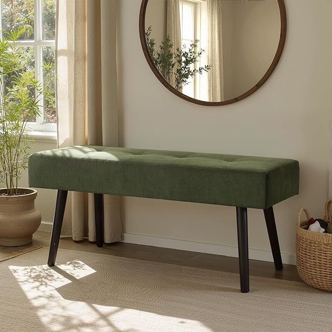 Entryway Bench - Green Bench for Bedroom, Modern Ottoman End of Bed, Corduroy Padded Benches for Living Room, Foyer, Mudroom, Hallway - 39" L x 14" W x 17" H