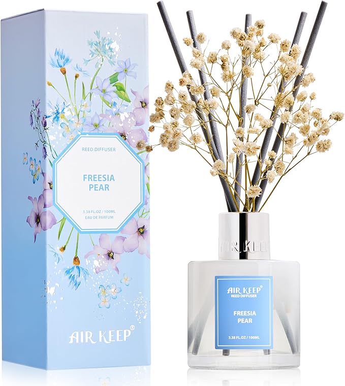 Airkeep Reed Diffuser Set,3.38 fl oz (100 ml) - Freesia Pear Oil Diffusers with 8 Reed Sticks, Home Fragrance Reed Diffuser for Bathroom Shelf Decor