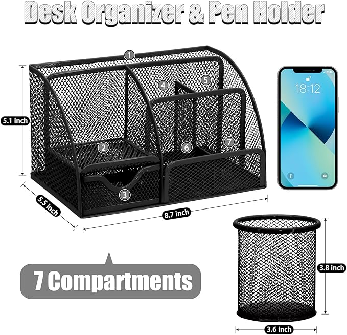 SYMDROMIA 13-in-1 Office Desk Organizer Set with Stapler and Tape Dispenser, Pen Holder, Scissors, Ruler, Hole Punch, 2 Pens & More Desktop Accessories for Back to School Supplies (Black)