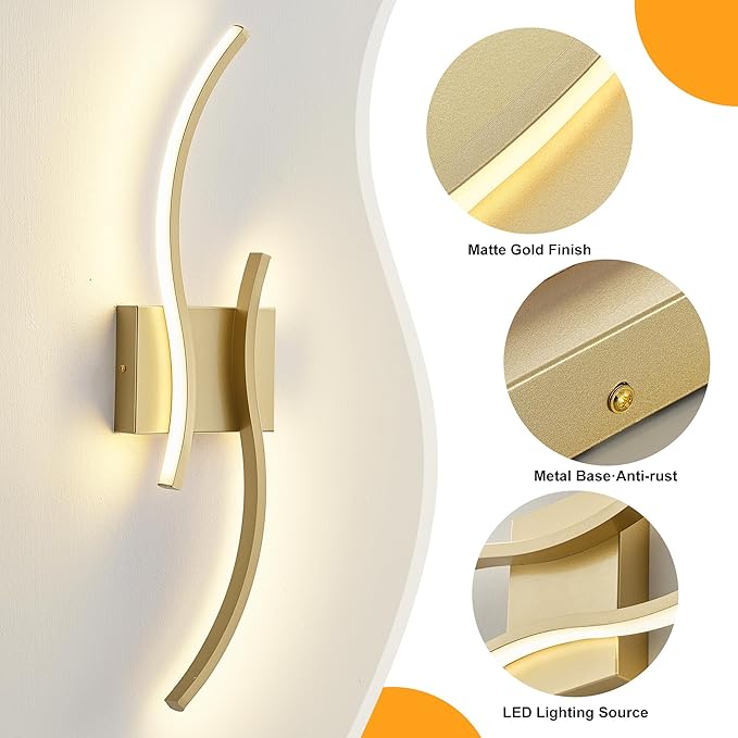 KARTOOSH 2 Pack Gold Light Fixture Hardwired Bathroom Vanity Lights Fixtures Over Mirror 23.6 Inch 3CCT Dimmable Modern Wall Lights for Mirror Kitchen Living Room Cabinet Porch Hallway