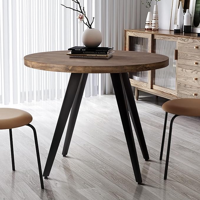 Round Dining Table, Small Dining Table for 2, 31.5" Round Table, Mid-Century Modern Kitchen Table with 1.4" Thickness Wood Grain Tabletop for or Small Space, Dining Room, Kitchen, Rusty Brown