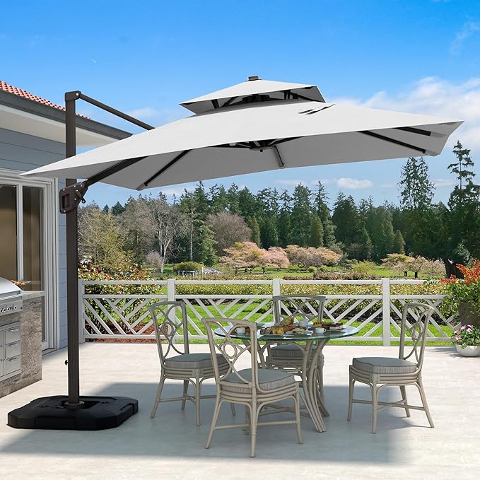 10' X 10' Cantilever Patio Umbrella Outdoor with Base Included Heavy Duty Double Top Windproof Square Offset Umbrellas with 360-degree Rotation for Pool Deck Backyard, Foggy Grey