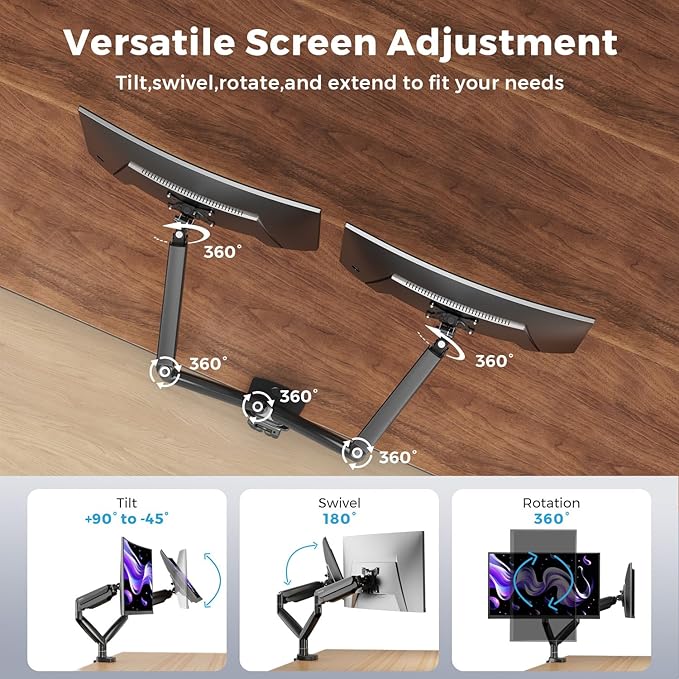 Curved Monitor Mount Dual Monitor Arm up to 35" Screens, Max 28.6lbs Each, Heavy Duty Ultrawide Monitor Arm,Swivel -90° to +90°, Tilt -45° to +90°,Rotate 360°,VESA 75x75&100x100,for Curved/Flat