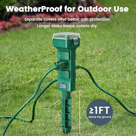 SURAIELEC Outdoor Power Stake Timer, Dusk to Dawn Light, 6 Grounded Outlets Power Strip Weatherproof, 6FT Extension Cord Countdown Outlet for Yard, Garden, Christmas, Outdoor Light, 1875W/15A, Green