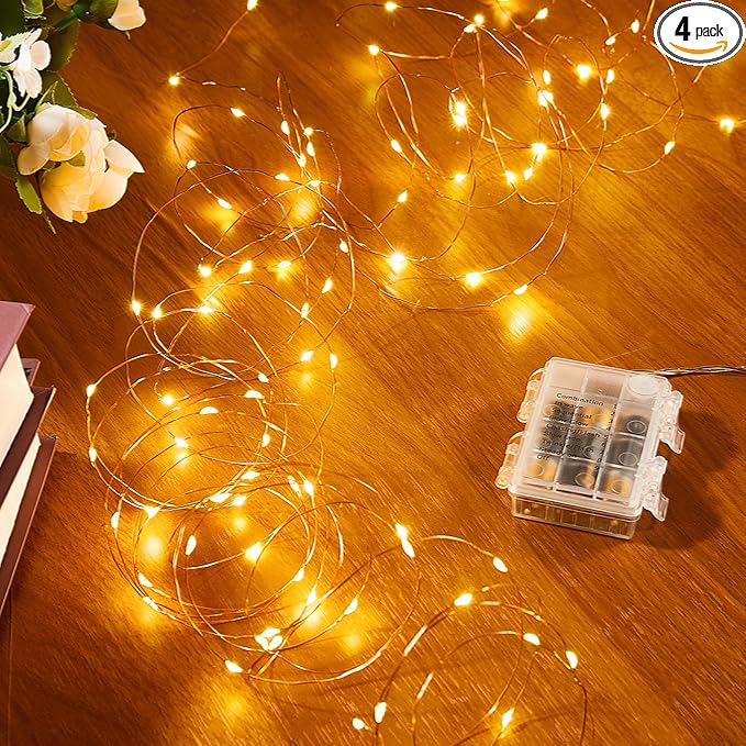 4 Pack 16.4 Ft. Battery Operated Outdoor String Lights with Remote & Timer, LED Warm White Fairy Lights, Waterproof Twinkle Lights for Bedroom, Dorm, Mason Jar, Wedding, Party, Christmas