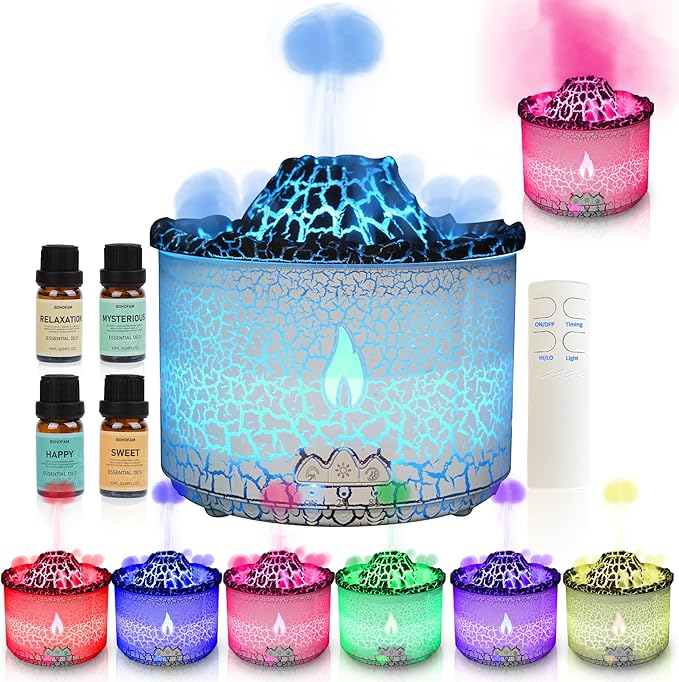 BOHOFAM Essential Oil Diffuser 360ML,Volcano and Flame Diffuser/Humidifier 2 Mode,Diffusers for Home with 7 Colorful Light,Included 4 Hotel Collection Diffuser Oil for Bedroom(White Translucent)