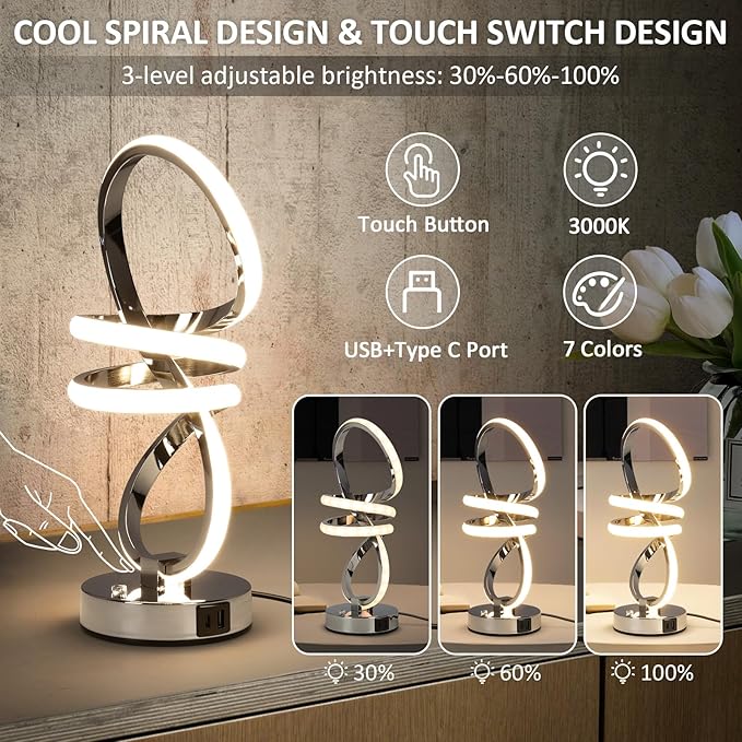 RGB Spiral Table Lamp, Modern LED Table Lamp, Chrome Cool Bedside Lamps, 7 Colors & 10 Light Modes Touch Dimmable LED Nightstand Lamp with USB/Type C for Bedroom, Living Room,Silver