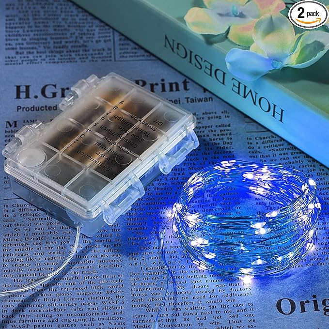 2 Pack 65.6 Ft. Battery Operated Outdoor String Lights with Remote & Timer, LED Blue Fairy Lights, Waterproof Twinkle Lights for Bedroom, Dorm, Mason Jar, Wedding, Party, Christmas