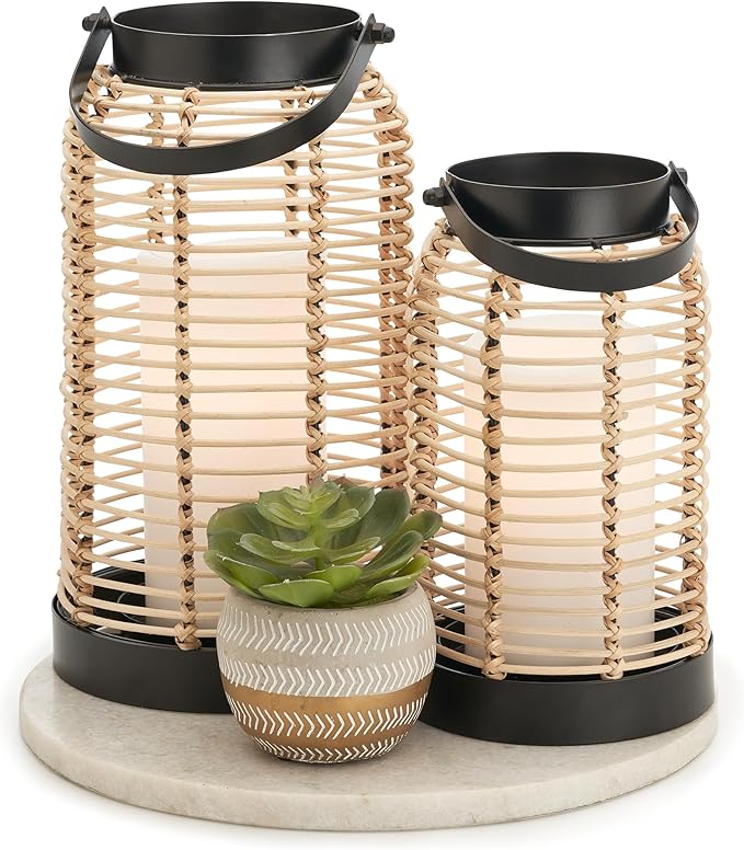 Natural Rattan Boho Lanterns - Handcrafted Chic Decor to Enhance Your Home - Modern Farmhouse Beauty Perfect for Any Living Room, Patio & Porch, Indoor and Outdoor Coffee Table or Kitchen Dining Table