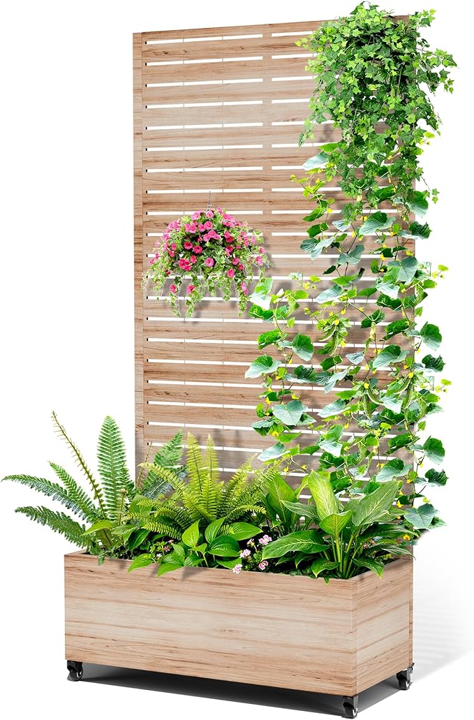 Metal Raised Garden Bed with Trellis, 2-in-1 Planter Box & Privacy Screen for Climbing Plants, Outdoor Standing Flower Bed with Drainage Holes, 35.4" L x 15.7" W x 70.1" H, Acacia Wood Grain