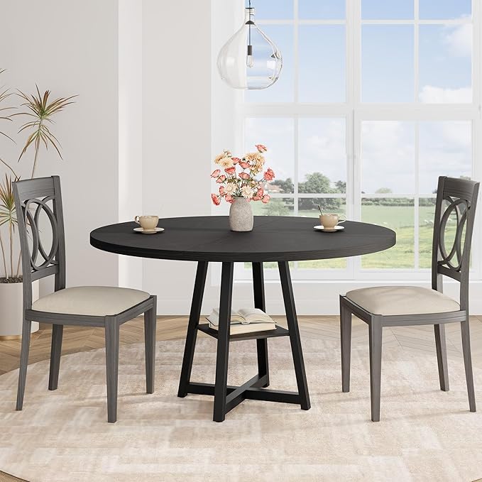 GAOMON Industrial Round Dining Table, 47 Inch Round Kitchen Table for 4, Dinner Table with Wooden Top and Metal Base for Dining Room, Living Room (Black, 47.2 in w/Storage)