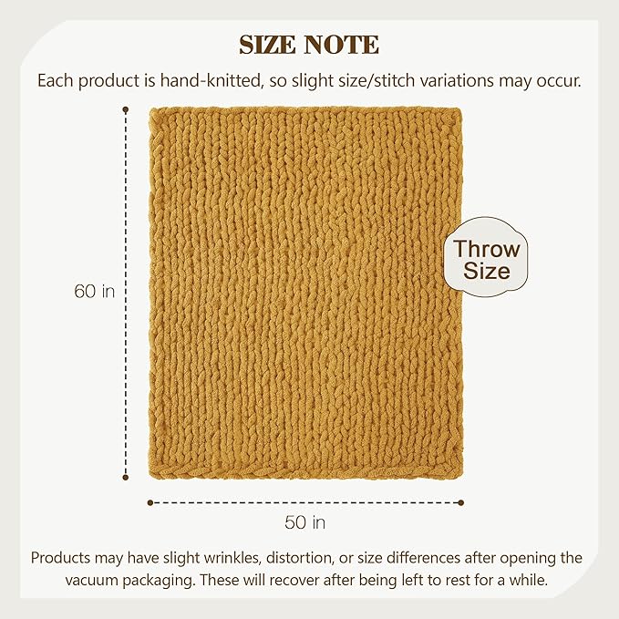 Carriediosa Chunky Knit Throw Blanket 50" X 60", 100% Hand Made Large Chenille Loop Yarn Soft Fluffy Throws for Couch Sofa Bed, Big Crochet Cozy Heavy Thick Cable Woven Blanket, Yellow