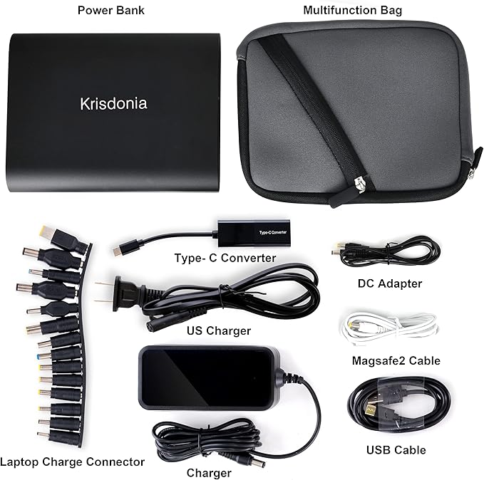 Krisdonia 50000mAh Laptop Power Bank 5/9/12/16/19/20V Portable Laptop Battery Charger with QC3.0 USB-A Port & 12V Type-C Port for Laptop, Tablet, Smartphone and More Devices