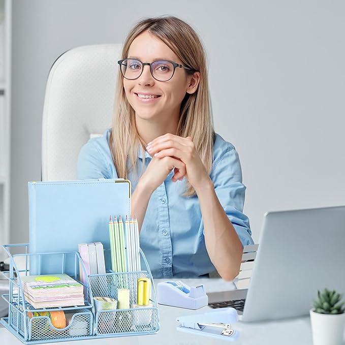 Blue Office Desk Accessories Supplies, 10pcs Desk Organizers and Accessories with Tape Dispenser and Stapler,Staples,Scissor,Ruler,Sticky Tabs,Tape,Ballpoint Pen,Clips Set