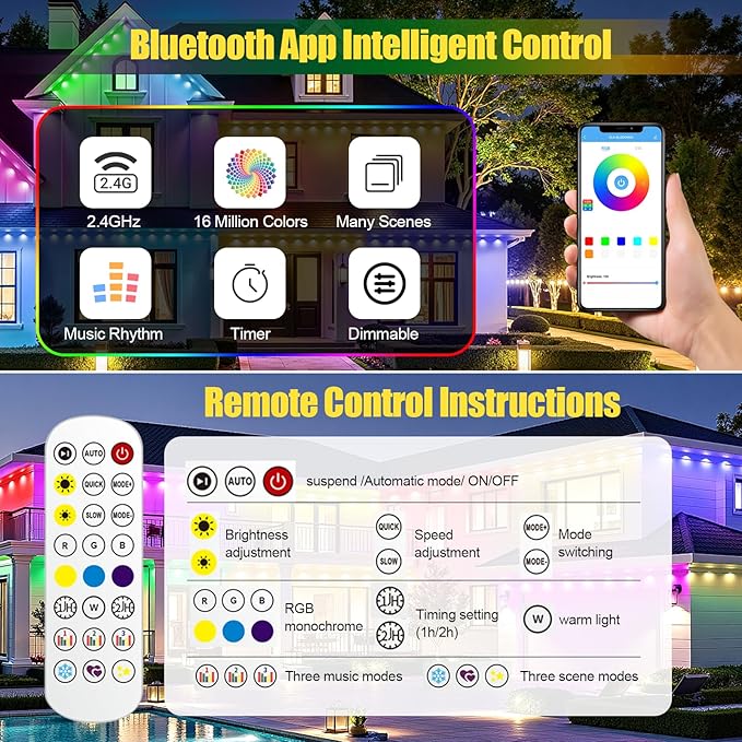Permanent Outdoor Lights, 150ft RGB+IC Smart LED Eaves Lights, IP67 Waterproof Outdoor Lighting with App/Remote Control for Daily, Christmas, New Year, Halloween, Holiday, Party, Valentine's Day