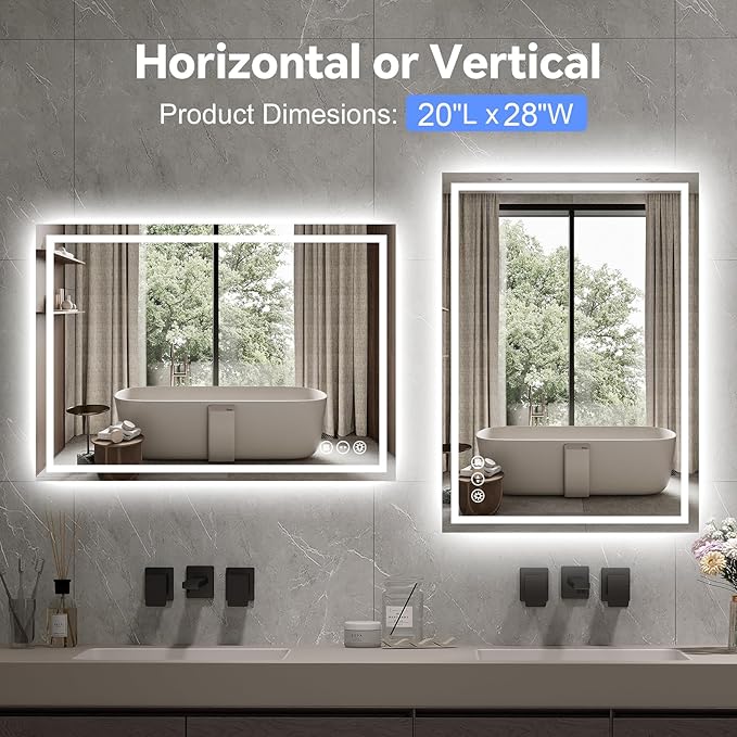 LED Bathroom Mirror 20x28 Inch Anti-Fog Bathroom Mirror with Lights, Wall Mounted Lighted Vanity Mirrors, Dimmable, Backlit + Front Lit, Smart Bathroom Vanity Mirror with 3 Colors Temperature