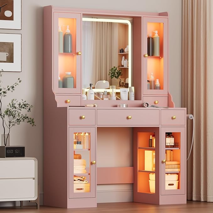Vanity Desk with Mirror and Lights, Pink Makeup Vanity Table with 3 Modes & Adjustable Brightness, Glass Cabinets, Drawers, Outlet, Modern Dressing Table for Bedroom, Girls, Women, Teens