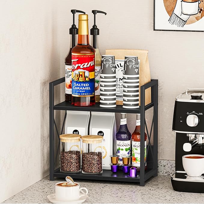 Giikin Countertop Organizer, 2 Tier Coffee Station Organizer for Desktop, Wood Counter Shelf Spice Rack for Kitchen (Black, M)