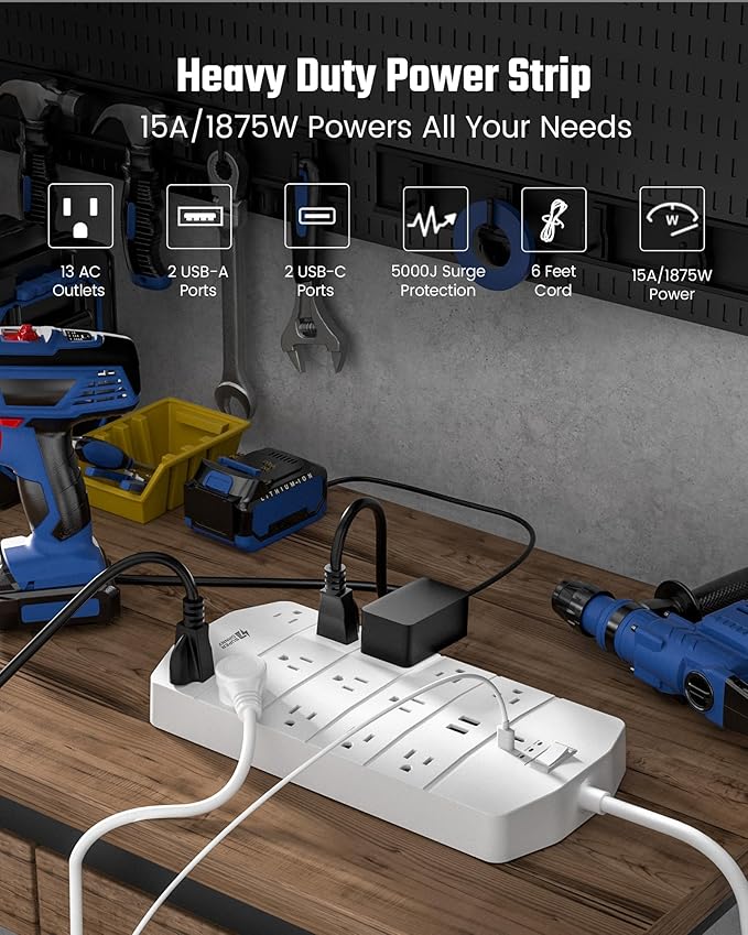 Power Strip,SUPERDANNY 5000 Joules Surge Protector with 13 AC Outlets 2 USB-A & 2 USB-C PD 20W Fast Charging Heavy Duty 14AWG/3C Industrial Grade 6ft Extension Cord for Workbench Home Office White