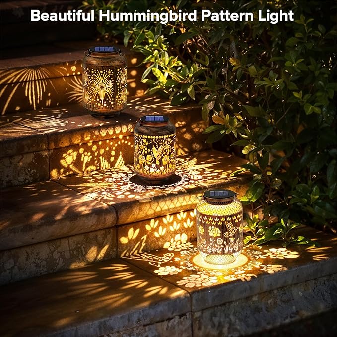 Solar Lanterns Outdoor Waterproof - Hummingbird Solar Lights for Garden, Hanging Metal Lantern Decor for Patio, Yard - Christmas Mothers Day Gifts for Women, Mom, Grandma (Hummingbirds, 2)