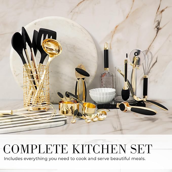 Black and Gold Kitchen Utensils Set - 23-Piece Luxury Kitchen Accessories Includes Gold Measuring Cups, Spoons, Silicone Cooking Utensils and Tools for Baking, Cooking, and Stylish Kitchen Decor