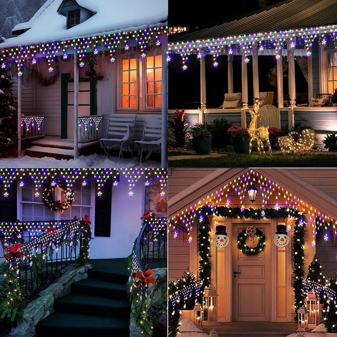 Christmas Lights Outdoor Decorations 218 LED 13.8ft Curtain Fairy Lights with 12 Drops, LED String Light Decor with 8 Modes for Party Holiday Christmas Home Indoor Outdoor Decor Star Multicolor