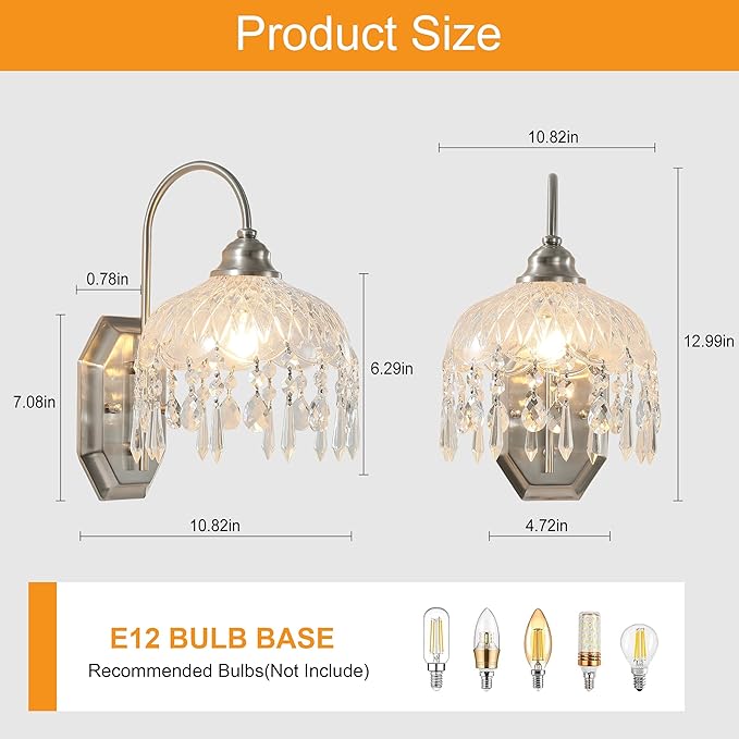 2-Pack Vintage Wall Sconce, Glass Crystal, Matte Brushed Antique Black Finish, for Bedroom Bathroom Hallway Living Room