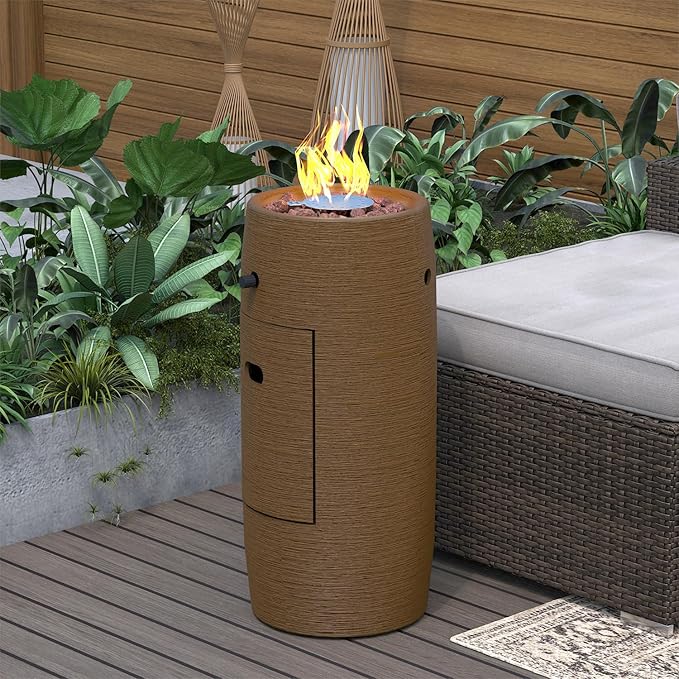 SUNBURY Outdoor Propane Fire Pit, 11" Propane Fire Column, Patio Gas Fire Pit 15,000 BTU Small Firepit Table for Outside w Lava Rocks (Brown)