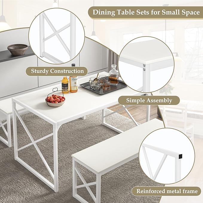 VECELO Kitchen Dining Table Benches Set for 4, 55" Wooden Dinette with 2 Benches, Heavy-Duty Dining Room Table for Small Space, Breakfast Nook, White