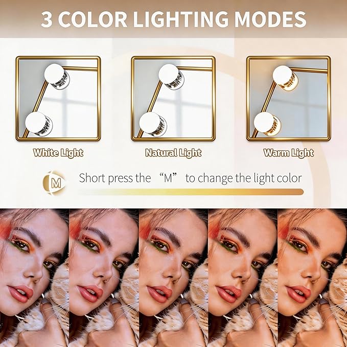 Makeup Vanity Mirror with Lights 17.12"x13.77" LED Makeup Mirror Detachable 10X Magnification, Hollywood Make Up Mirror with Lighting, Smart Touch, Rechargeable,360° Rotation, (Gold)