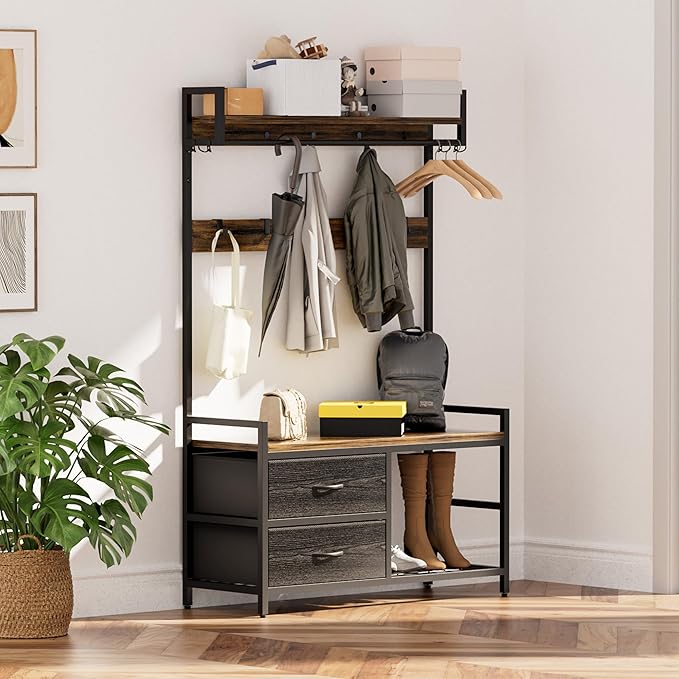 Entryway Halltree Organizer Bench Rack System Featuring Two Slide Drawers, Triple Shoe Tiers, Upper Guarded Shelf, Hanging Rod, TwentyThree Hooks, Adjustable Feet, AntiTip Hardware, Rustic Style