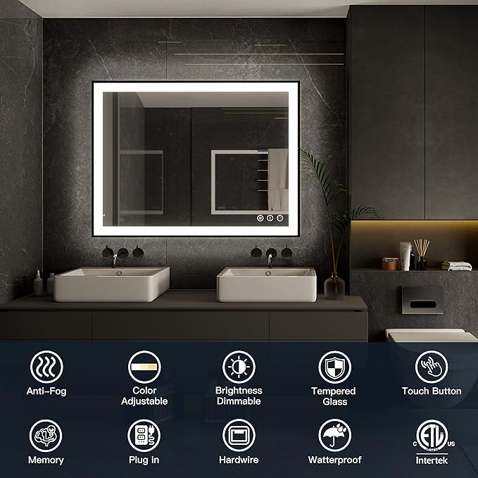 ISKM Framed LED Mirror for Bathroom 60"x36", Dimmable LED Bathroom Mirror with Lights, Anti-Fog, Front and Backlit Lighted Mirror 3-Colors, Shatterproof, Memory Function