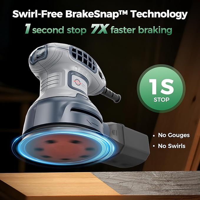 5-Inch Random Orbital Sander with Brake, 3.0AMP Electric Palm Sander 6 Variable Speed, 13000RPM Power Sander with 15pcs Sandpapers, ZeroDust & Vacuum Attach Collection System for Woodworking Sanding