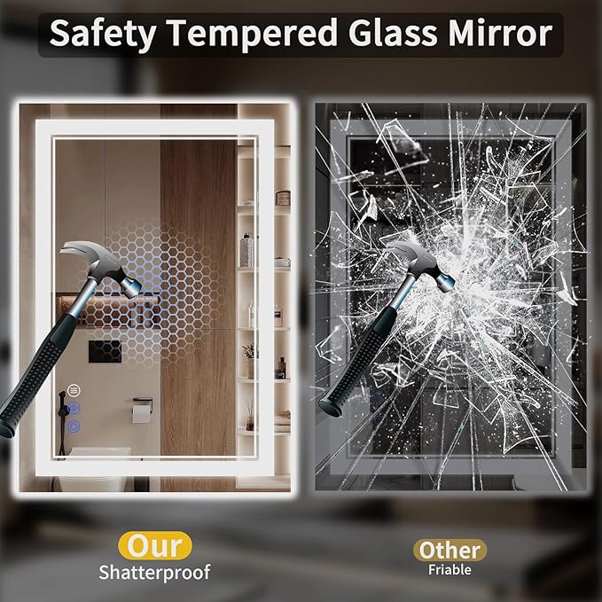 36"x40" LED Bathroom Mirror with Lights, Anti-Fog, Backlit + Front Lit, Dimmable, Led Vanity Mirror for Wall, Lighted Bathroom Mirror, 3 Colors, Shatter-Proof Tempered Glass