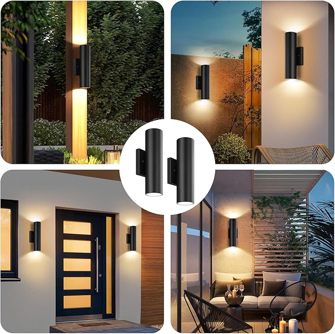 GoBright Outdoor Wall Lights, 12W 3000K Integrated LED Cylinder Up Down Lights, 1200LM Super Bright Waterproof Exterior Wall Sconce, 2-Pack Modern Black Outside Wall Lantern for Porch Patio Garage